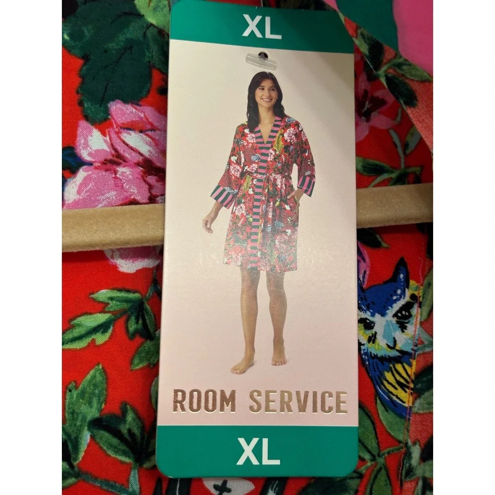 Room Service XL Kimono Robe Womens Red Jungle Animal Floral Striped Trim